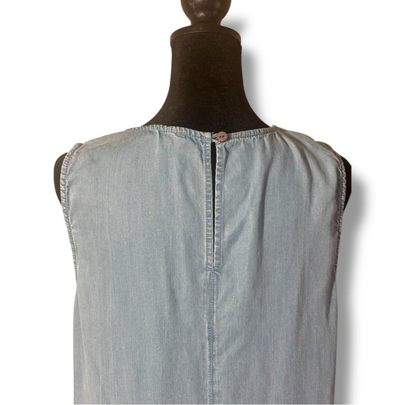 Neiman Marcus Light Denim Patchwork Thick Strap Sleeveless Crew Neck Mini Dress - Picture 6 of 16